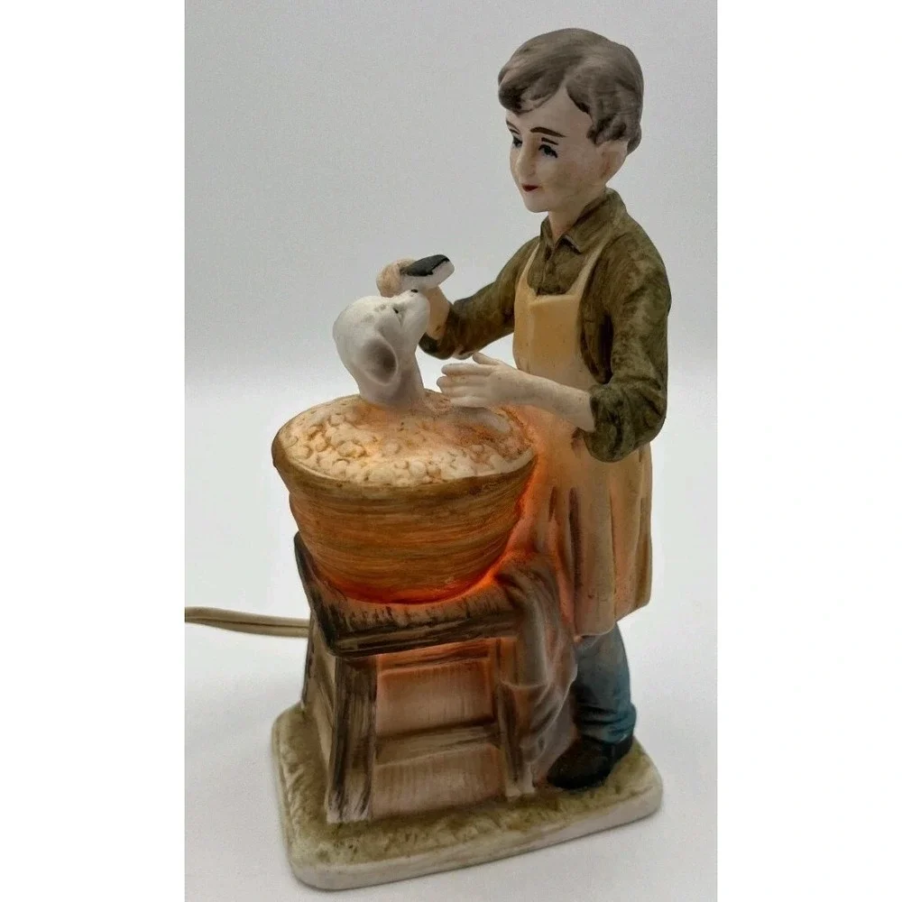 Vintage Porcelain Night Light Lamp Boy Washing Dog in Wash Tub Figurine